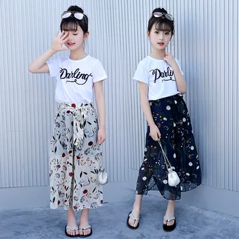 

Summer Girls Clothes White T-shirt Floral Wide Leg Pants Children Clothing Set 2019 New High Quality Kids Costume for Girl