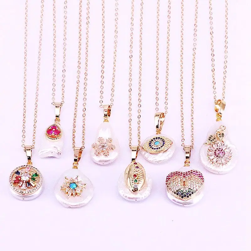

8Pcs Nature Freshwater Pearl with CZ micro Pave Round Charms Pendant Necklace Womens Fashion Jewelry