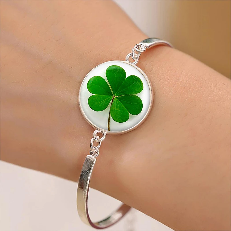 Lucky Clover Glass Cabochon Bracelets Charms Silver Plated Bangles