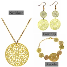 Antique Gold Filigree Jewelry Set Copper Floral Pattern Pendant Chain Necklace & Bracelet & Earrings Ethnic Style Boho Jewelry