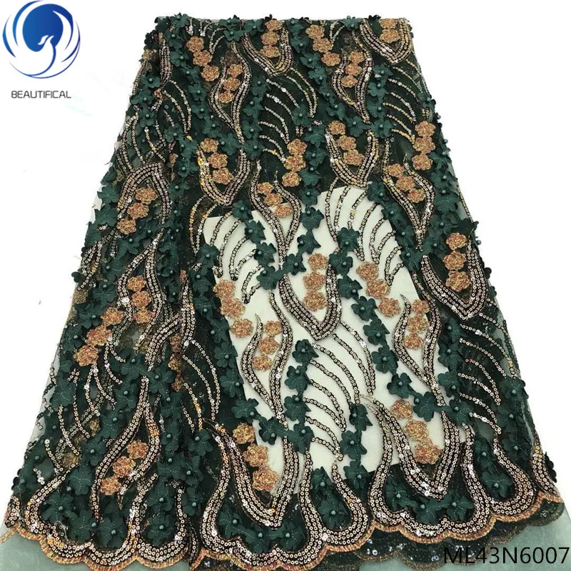 

Beautifical 3d lace fabric african net lace fabrics with sequins and beads 2019 tulle lace fabric for women 5yards/lot ML43N60
