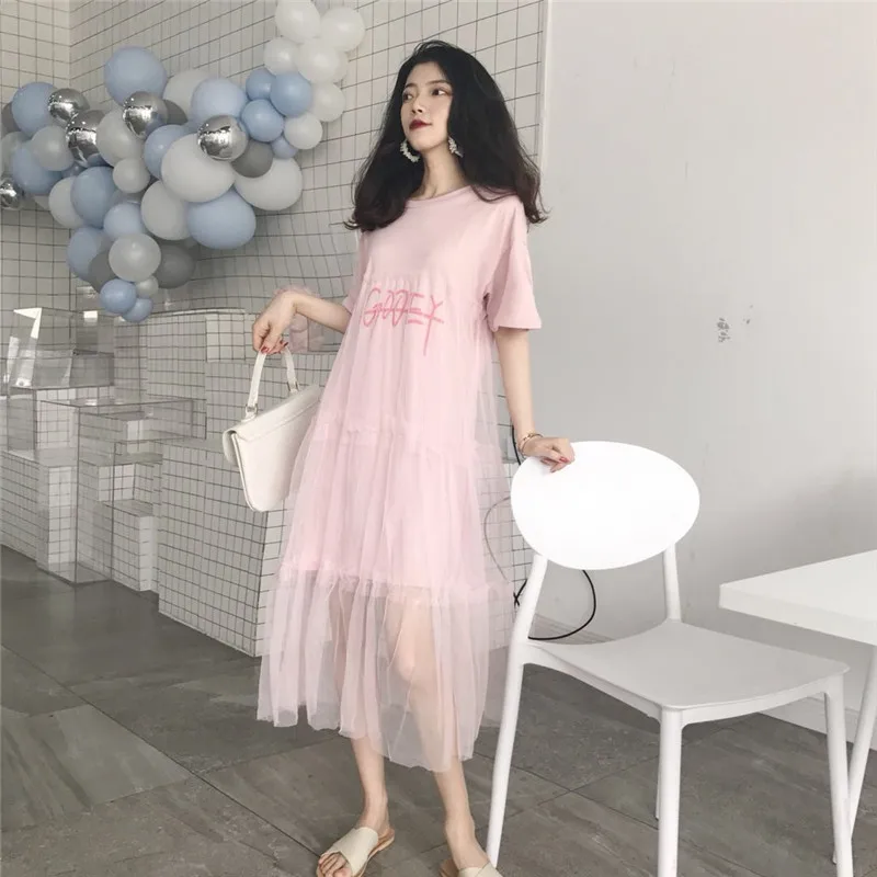 

Streetwear Women Letters Printed Summer Dress Mesh Patchwork Pleated Short Sleeve Tshirt Dress Large Size Casual Loose Dress