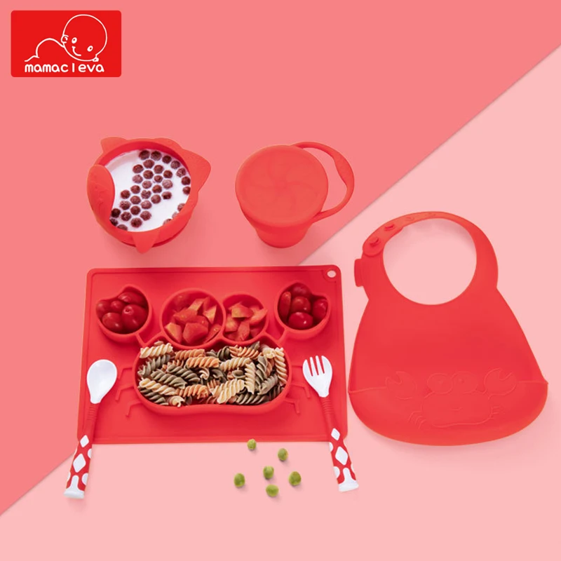 

4Pcs/Set Baby Silicone Plate/Bowl+Spoon+Fork+Bib Feeding Food Tableware Set Cartoon Crab Anti-overturning Training Dinner Tray