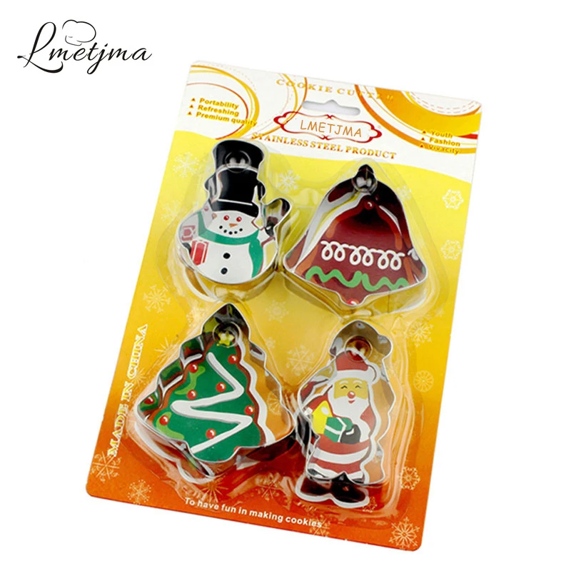 

LMETJMA 4 Pieces Christmas Cookie Cutter Set Christmas DIY Tree Snowman Santa Claus Cookie Biscuits Cutter Molds KC0184