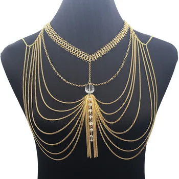 

Gold Color Halter Lingerie Sexy Show Girl Shoulder Necklace Exotic Bra Chain Harness Slave Full Body Chain Jewelry BY090