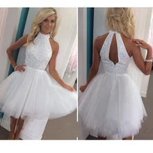 Strahlend Weiße Perlen Kurzen Cocktailkleid Neue High Neck Hohl Zurück Short Party Abendkleider Günstige Weiß Tüll Homecoming Kleid
