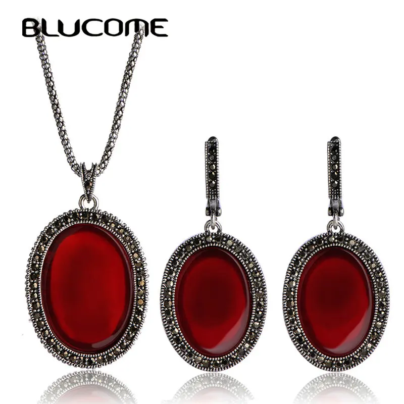 

Blucome 2018 Fashion Turkey Jewelry Set Oval Red Pendant Necklace Drop Earrings Sets Resin Women Lady Wedding Party Accessories
