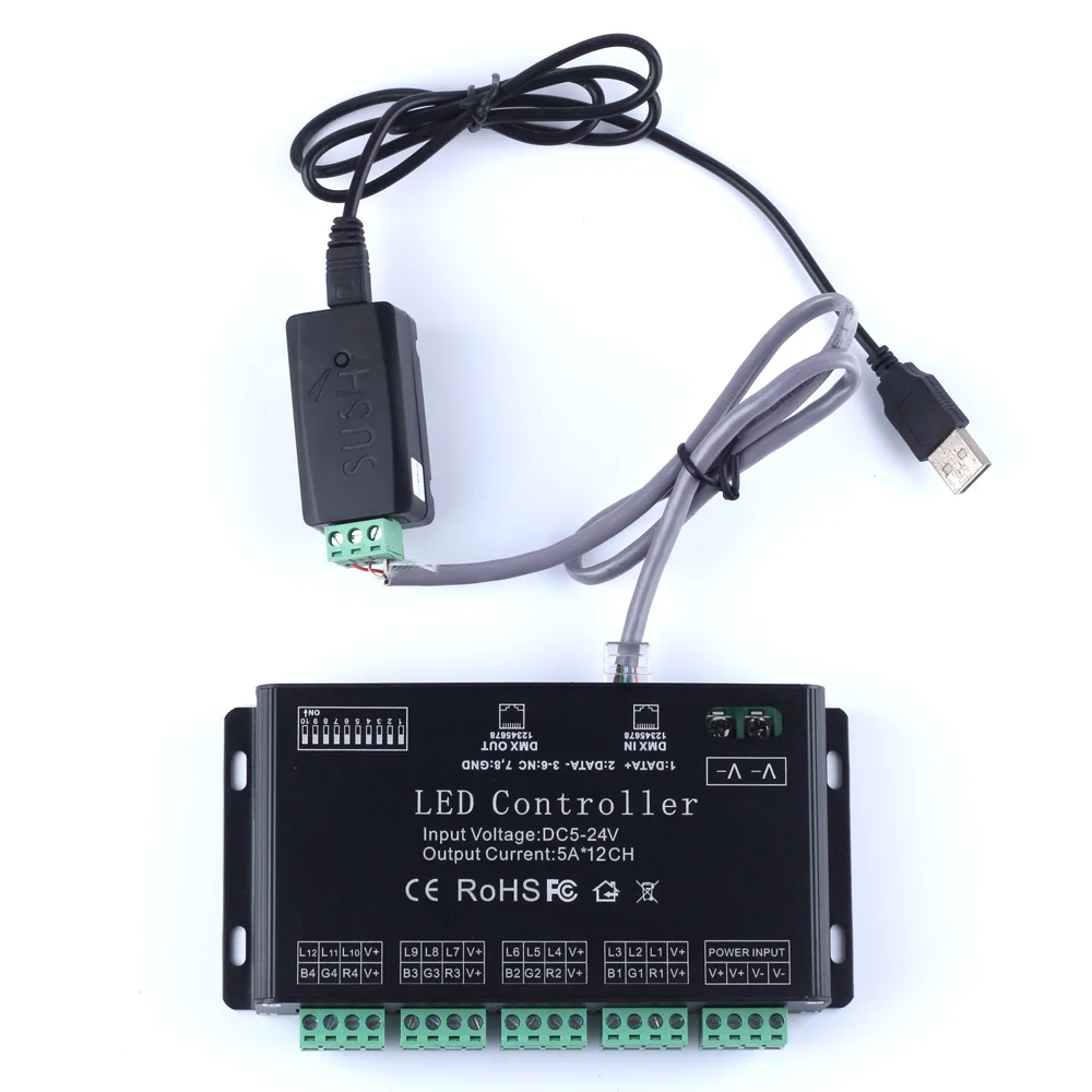 CHINLY 12 Channels DMX Decoder RGB DMX LED Controller DMX decoder DC 5V 24V with USB DMX