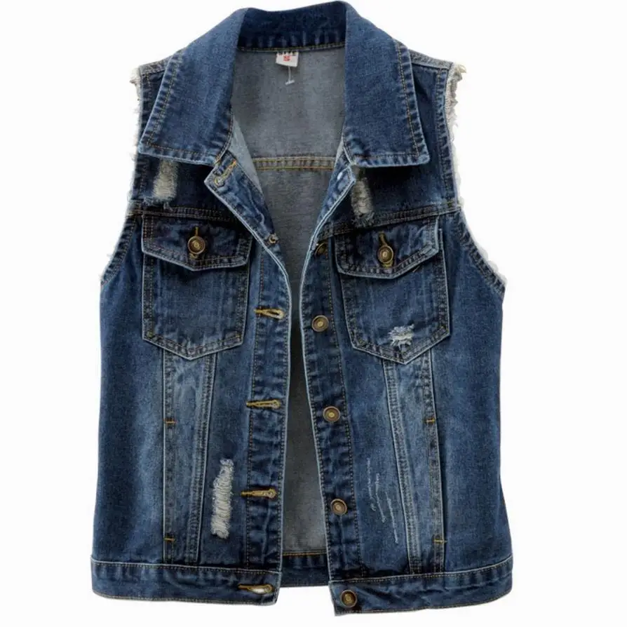 

Denim Vest Women laple Coats Fall Jeans Vintage Waistcoat Sleeveless hole Pocket Jacket Plus Size 5XL
