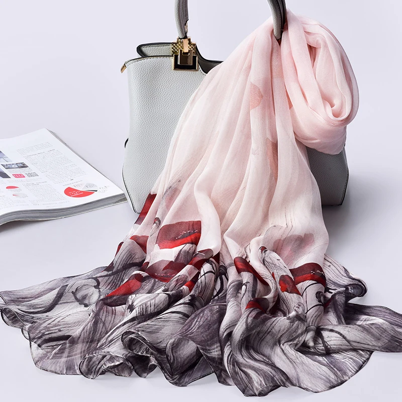 Настоящий шифоновый шелковый шарф для женщин китайский натуральный шелковый платок для женщин роскошный брендовый шелковый шарф большого размера с принтом