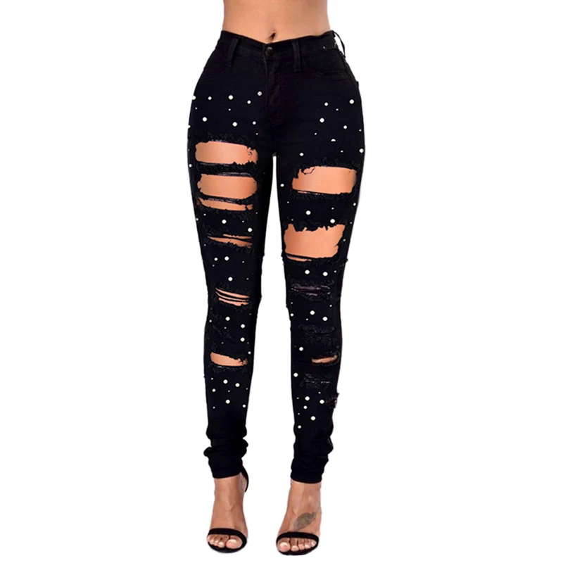 

Spring Autumn Embroidered Slim Skinny Jeans Women Fashion Hollow Out Hole Black Ripped Trousers Push Up High Waist Denim Fashion