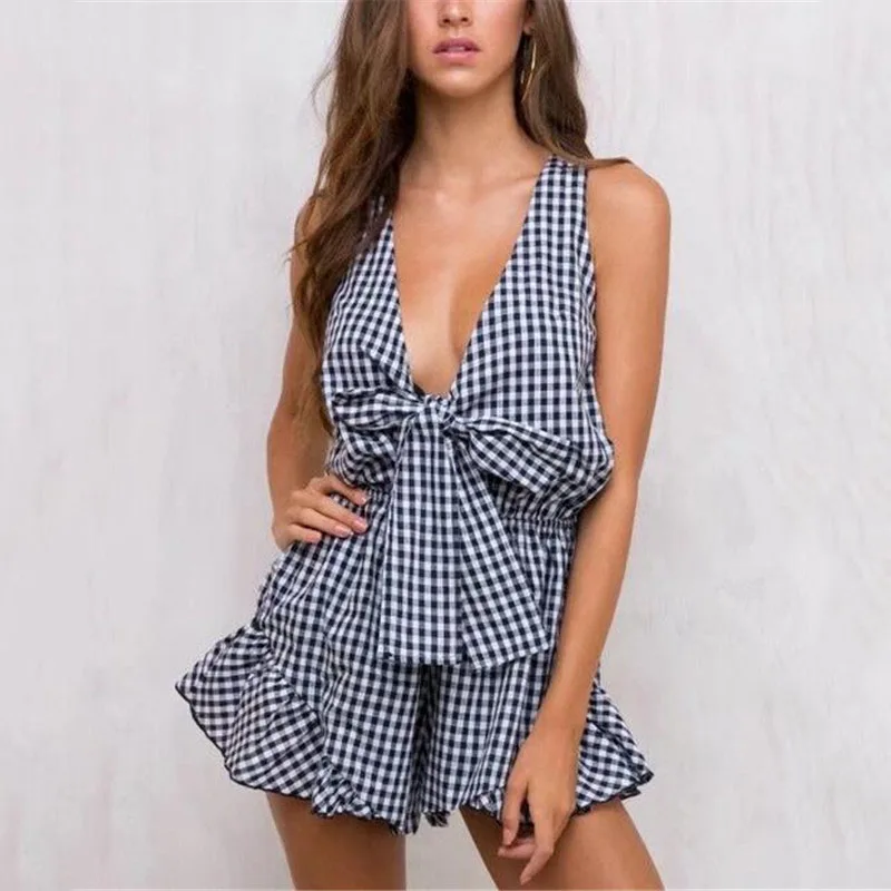 Black Plaid Ruffles V Neck Bowknot Sleeveless Tank Jumpsuits Romper Women 2017 Elastic Waist Casual Summer Beach Playsuits L608