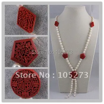 

Wholesale AA Red Carved lacquerware white fresh water pearl necklace 3pcs/lot free shipping A1705