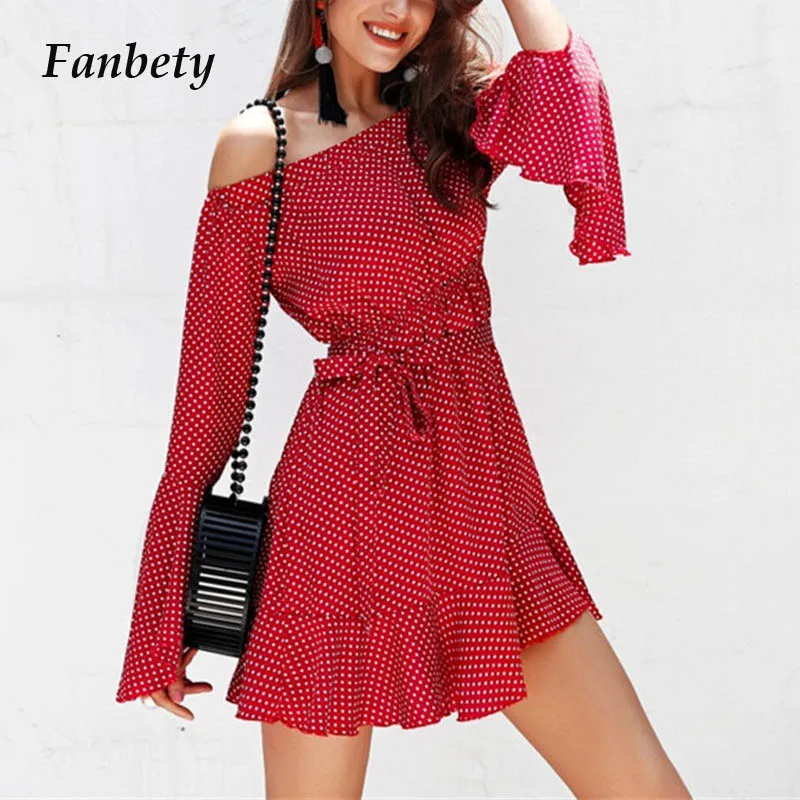 

Fanbty Women Red Dot print off shoulder beach dress 2019 Summer flare sleeve slash neck mini dress Elegant Ruffles belt dresses