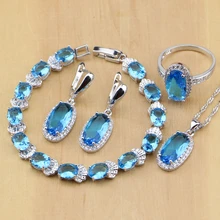 Синий кубический цирконий Белый CZ Ювелирные наборы 925 Серебряные украшения для женщин серьги/кулон/ожерелье/кольца/браслет