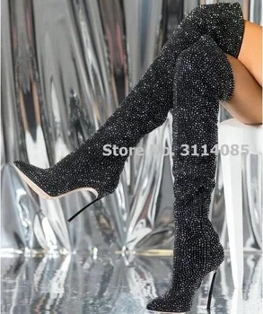 

Sexy Black Crystal Over The Knee Boot Pointed Toe Metal Heels Tight High Boot Side Zipper Winter Long Boot Woman Rhinestone Boot
