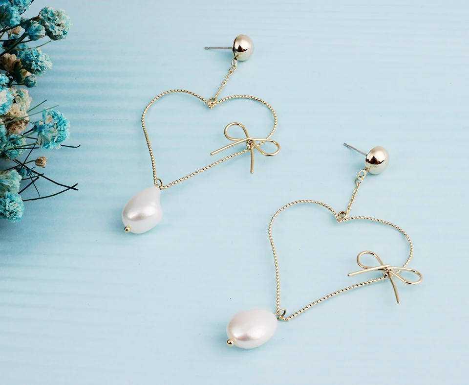 2019 New Big Heart Earrings Metal Gold Dangling Earring Natural Freshwater Pearl Gift For Women | Украшения и аксессуары