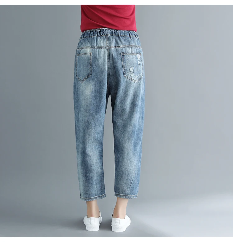 Женские джинсы-капри в стиле пэчворк размера плюс, осень, эластичная резинка на талии, свободные, повседневные, Ретро стиль, женские джинсовые штаны-шаровары с дырками