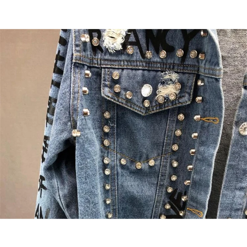 incredible  2019 New Fashion Beading Diamond Graffiti Printed Short Design Denim Jacket Coat Casual Women Cowbo