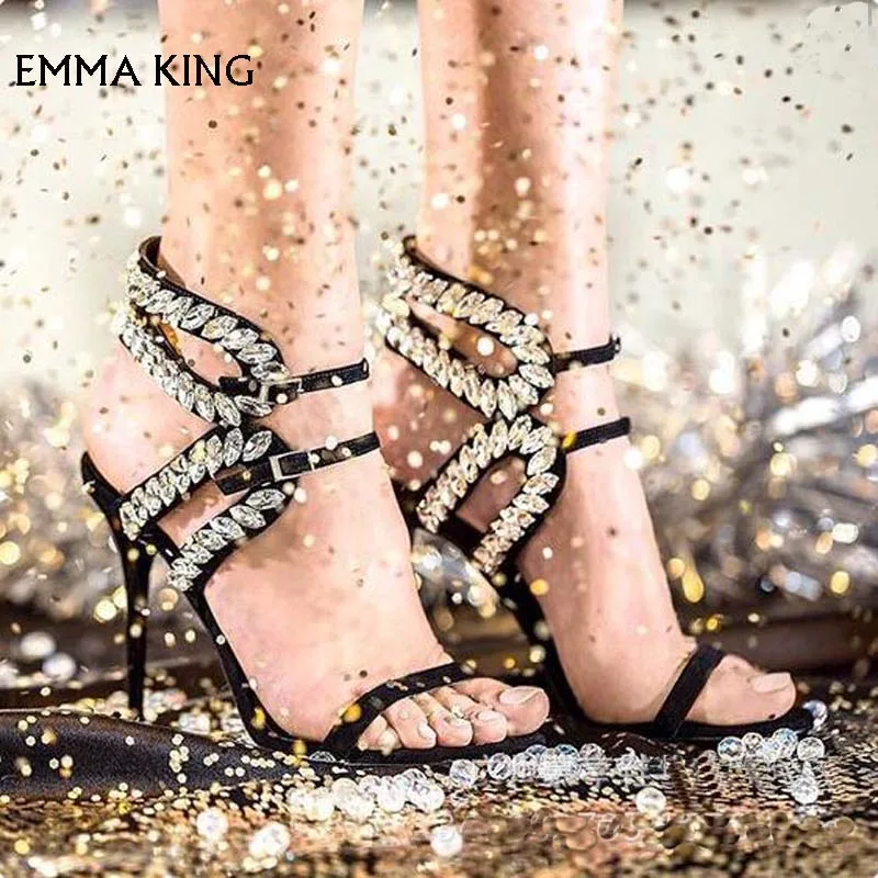 

EMMA KING Spring /Summer Flock Crystal sandals super high heel banquet dress sandalia nightclub women shoes Plus Size 35-43