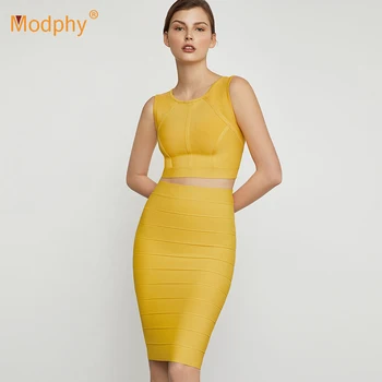 

2019 Summer New Yellow Women's Bandage Set Sleeveless Top & Pencil Skirt 2 Two-piece Club Evening Party Set Bodycon Vestidos