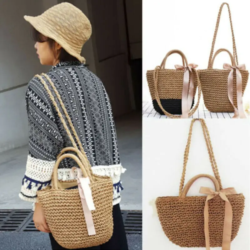 

UK Ladies Nautical Beach Bag Shoulder Straw Wicker Summer Tote Holiday Shopper