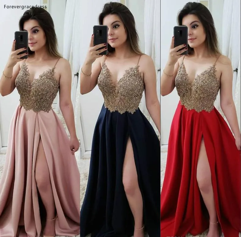 

High Quality Spaghetti Strap Evening Dresses 2019 New Arrival A Line Appliques Holiday Wear Formal Party Prom Gowns Plus Size