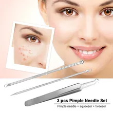 Комплект из 3 предметов, пинцет для удаления угрей, прыщей, игла комплект средство от черных точек акне клип очищающее средство для лица иголки из нержавеющей стали инструмент для удаления дефектов кожи