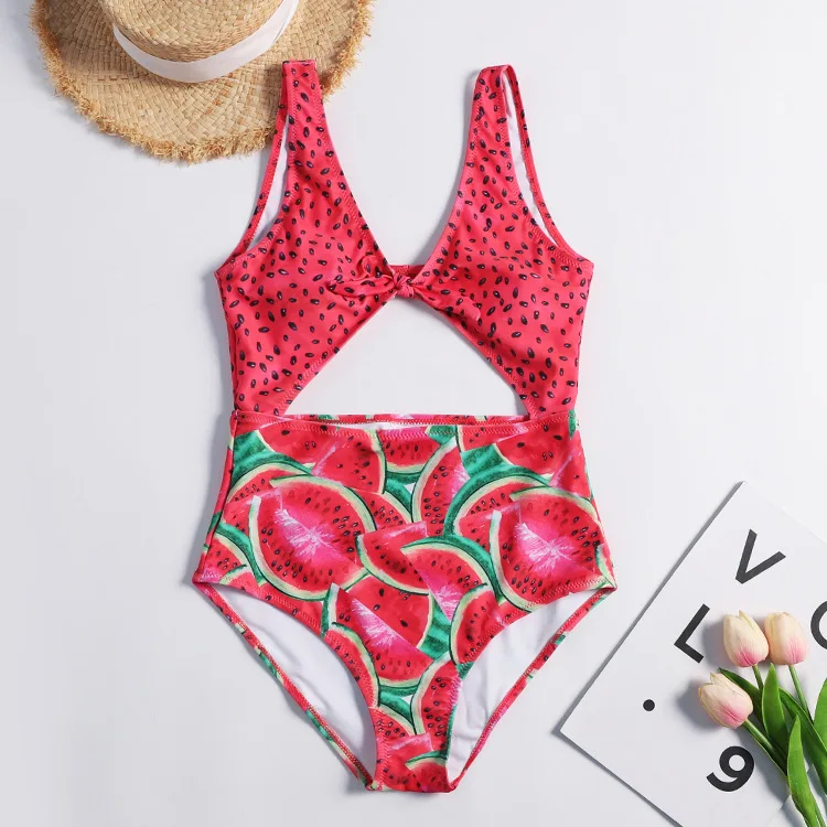 

Women One Piece Swimsuit Watermelon Swimwear Women Cut Out One Piece High Waist Swimsuit Knotted Hollow Out Padded Bathing Suit