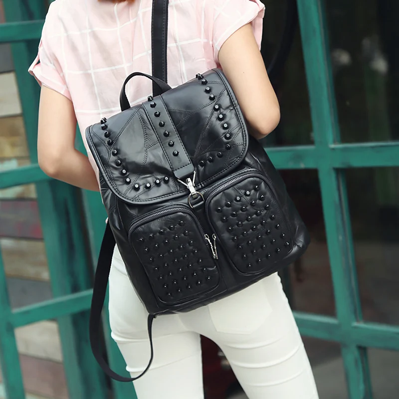 

2017 Fashion Women Backpacks Rivet Soft sheepskin Leather Bags Shoulder For teenage Girls Female Travel Bag+Free gift