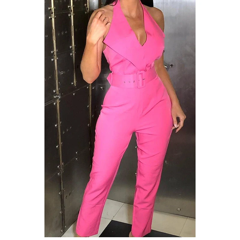 

Sleeveless Jumpsuit Female Summer 2019 New Women Fashion Bodysuit Rompers High Waist Belt Jumpsuit