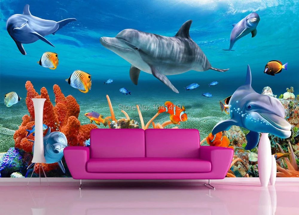 Пользовательские 3D Настенные обои для детей подводный Дельфин Рыба обои аквариум стены фон декор комнаты детские постельные принадлежности