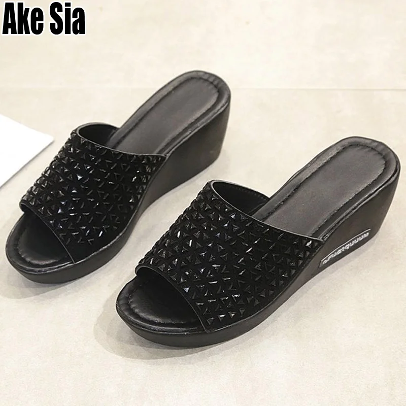 

Fashion Summer Women Ladies Casual Peep Toe Slides Beach height increasing High Wedge Heels Platform Sandals Slippers Shoes A868