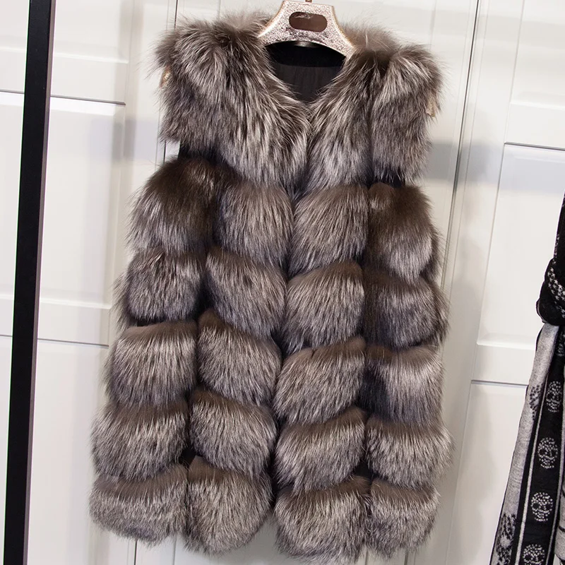 Real Natural Fox Fur Vest For Women High Quality Plaid Genuine Silver Fox Fur Slim Vests 70cm