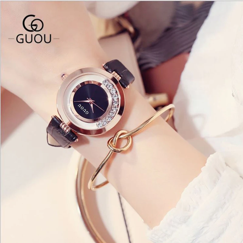 Женские Часы GUOU Montre Femme роскошные женские часы Стразы Браслет из натуральной кожи