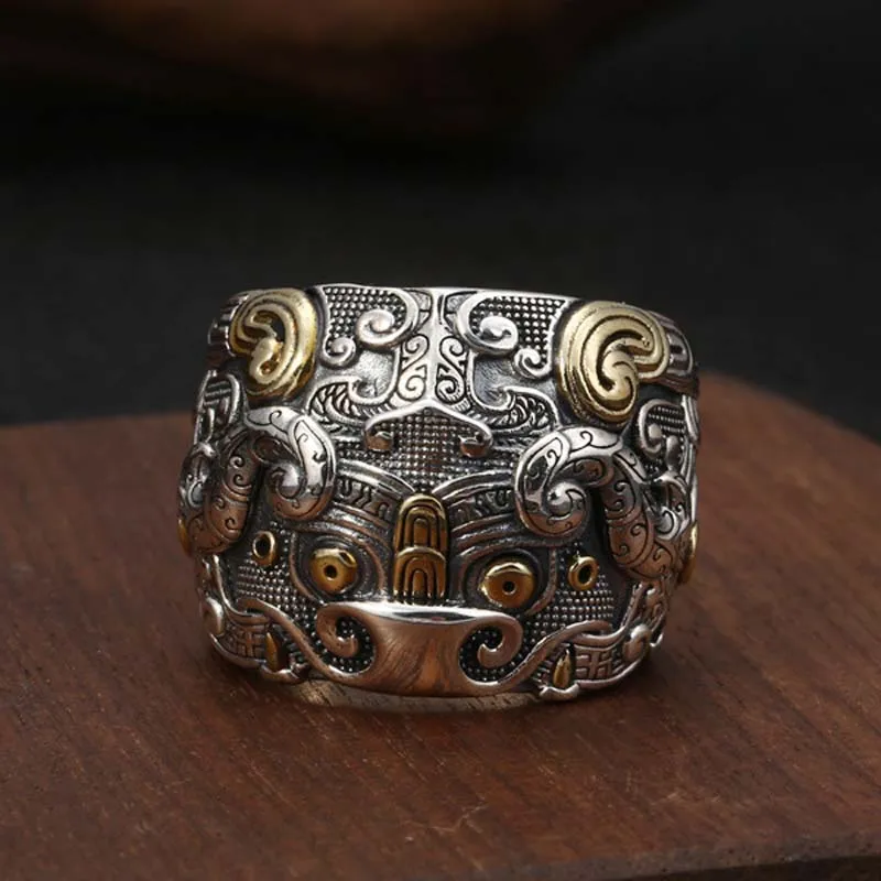 Pure 925 Sterling Silver Carving Vintage Finger Ring Punk Rock Thai Silver Jewelry Men Selfdom Adjustable Rings