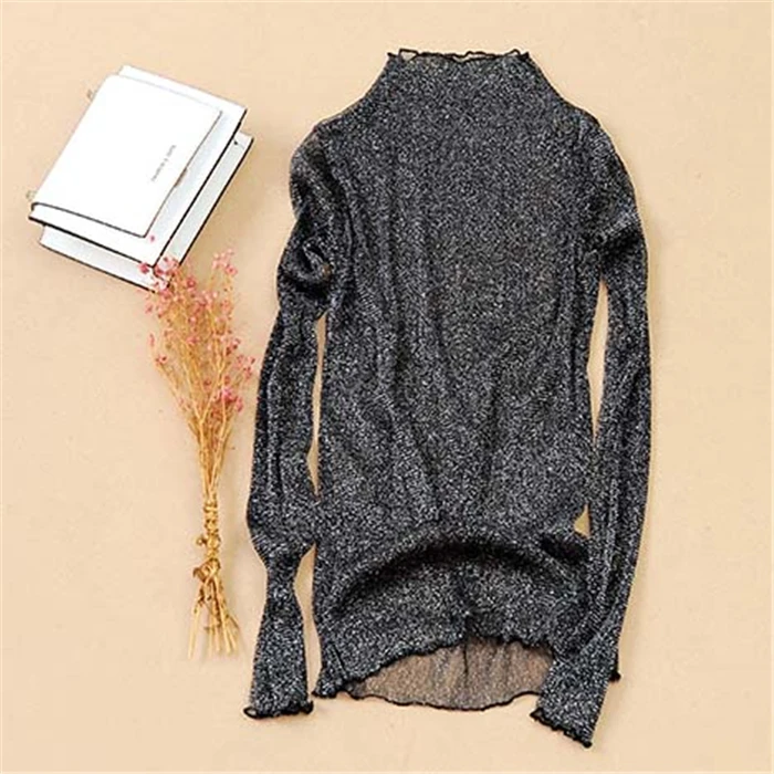 

Ladies Sexy Mesh Shiny Long Sleeve T Shirt Women Spring Summer Transparent Club Party Black Tee Shirts Sexy Thin Short Tops