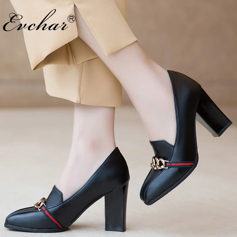 

EVCHAR Spring/Aut 4 colors Women's Shoes Square Toe high heels slip-on Pumps Metal Decoration elegant dress shoes big size 32-50