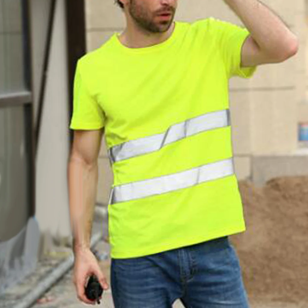 Round Neck Safety Clothing Reflective High Visibility Workwear Short Sleeve Fluorescent for Men with Reflective Tape Quick Dry