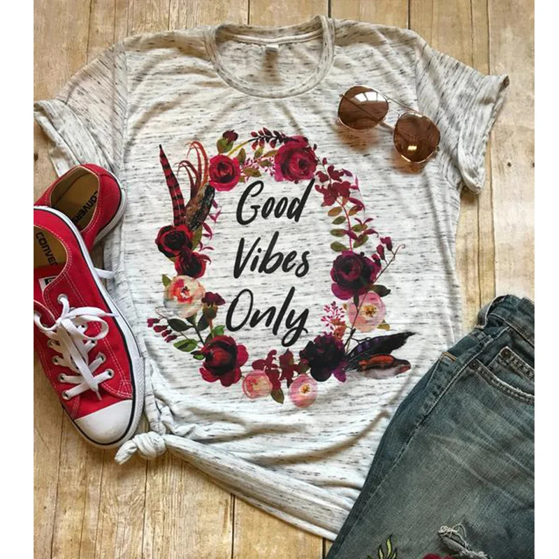 

2019 Good Vibes T Shirt Mom Fall Tees Floral Blessed Women T-shirts Thankful Tee Gothic Top Womens girl Female T Shirt Tops