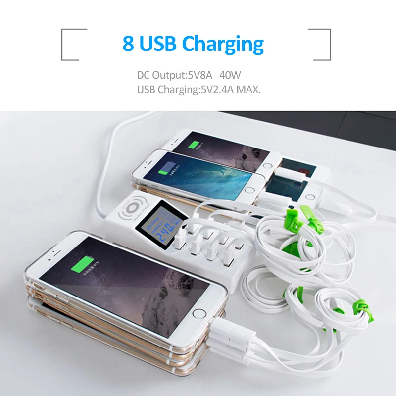 Qi Беспроводное зарядное устройство 8 портов USB 40 Вт Светодиодный дисплей QC3.0 18