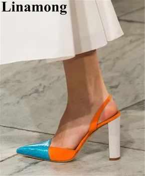 

2019 Fashion Newest Mixed Color Pointed Toe And Square Heel Summer High Heel Slip-On Slingback Sexy Women Sandals