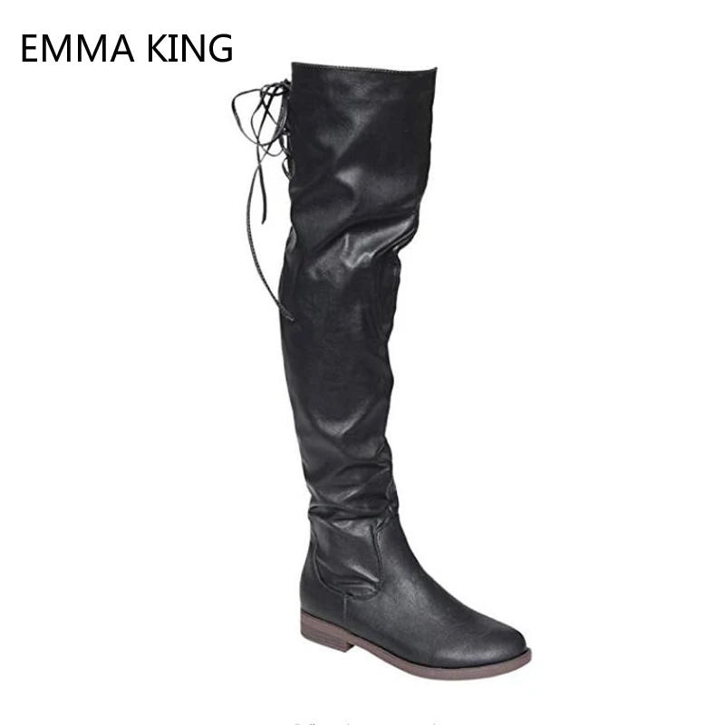 

Faxu Leather Boots Women Lace Up Thigh High Boots Stretch Low Chunky Heels Square Toe Knee High Boots Female Black Big Size