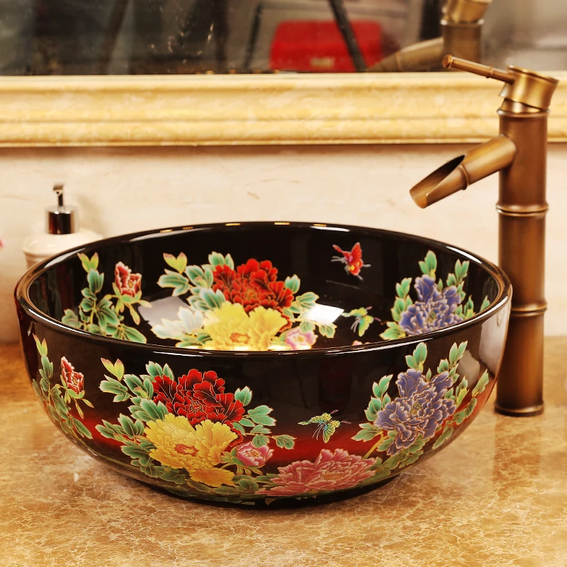 China Artistic Black Glazed Flowers Porcelain Art Bathroom Sink Lavabo