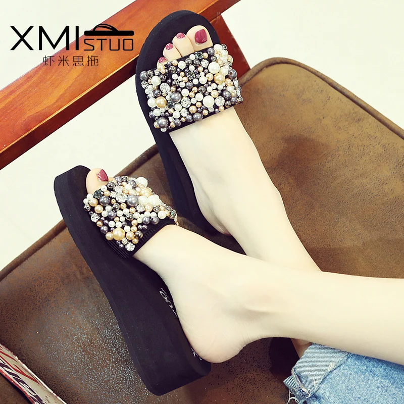 

New fashion summer women home slippers outdoor string bead high-heeled word dragging days pearl wedges beach shoes wedding shoes