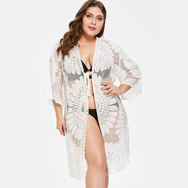 

Plus Size Floral Lace White Beach Swim Cardigan Cover Ups Women Sheer Swimwear Bikini Mesh Bathing Suit Pareo Big Size Swimsuits