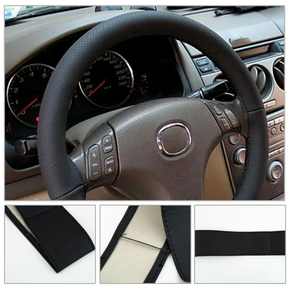 

PU Leather Car Steering Wheel Cover with Needles and Thread for Diameter 36-38cm DIY Car Styling Breathability Skid-Proof Black