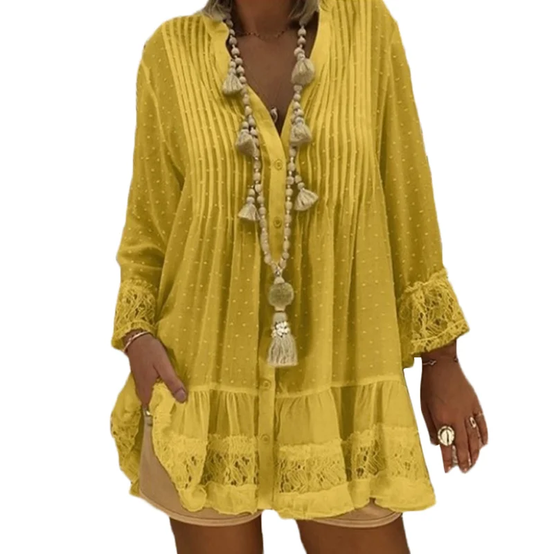  Women's Lace Chiffon V-Neck Tunic Shirt Blouse Long Sleeve Solid Loose Womens Tops and Blouses 2019