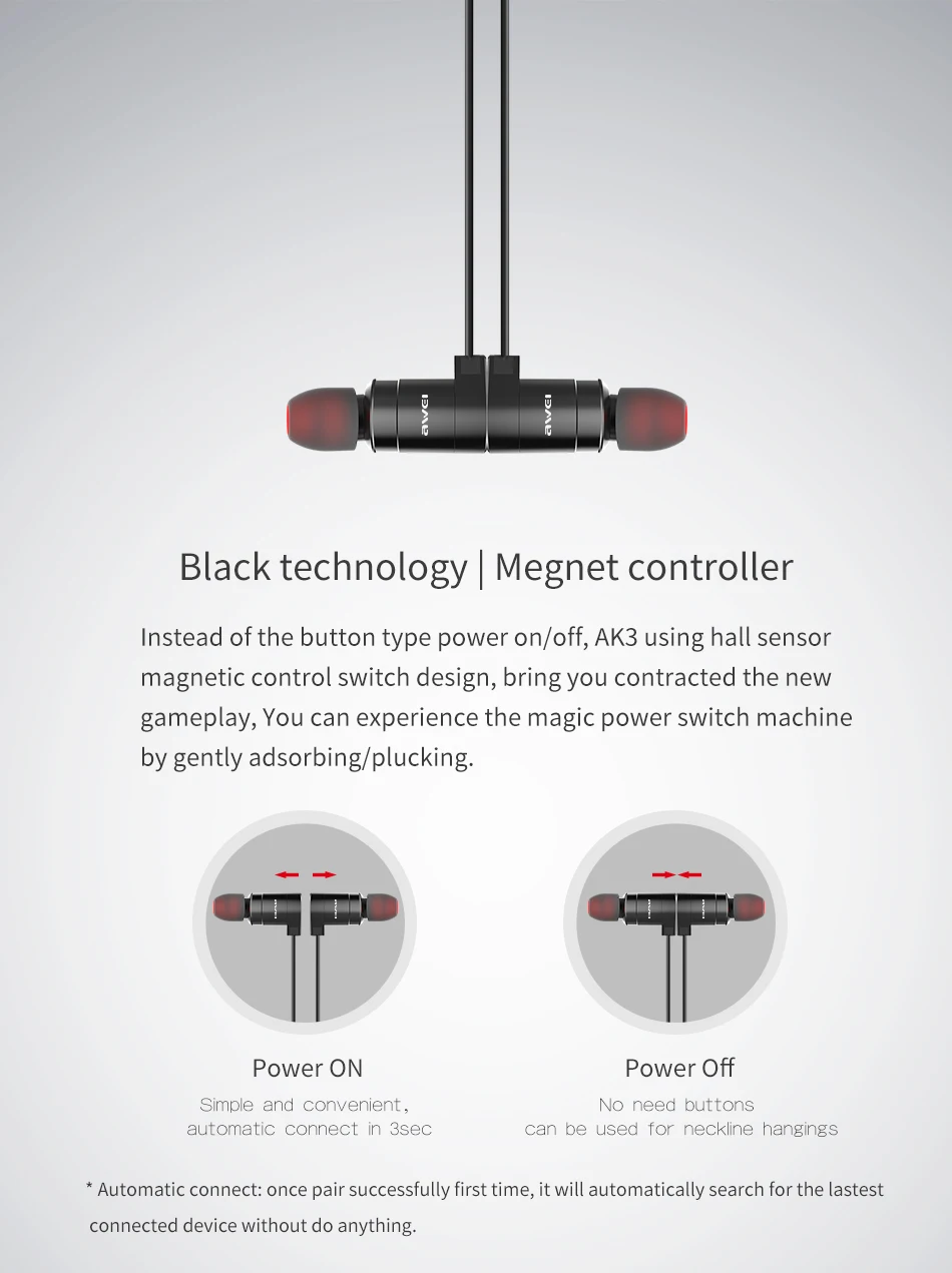 AWEI AK3 беспроводные наушники Bluetooth наушники с магнитным управлением вкл/выкл IPX4 водонепроницаемая Спортивная Беспроводная гарнитура наушники с микрофоном