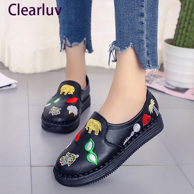 Cute girl spring fashion doodle design round toe mixed color flat shoes retro women's flat bottom loafers student women's shoes 